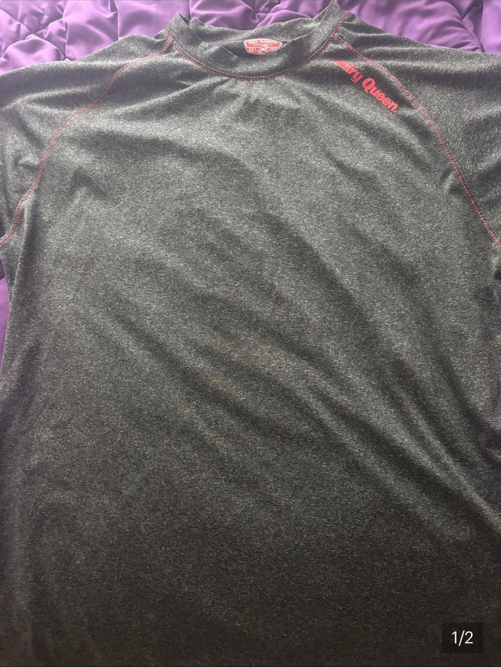 May Queen Heather Charcoal Short Sleeve Performance Tee with Red Accents